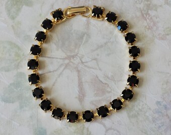 Black Rhinestone Bracelet, Black Tennis Bracelet, Rhinestone Bracelet, Vintage Bracelet, Tennis Bracelet, Anniversary Gift for Her