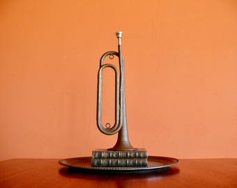 Tarnished Copper Brass US Regulation Bugle, Military Boy Scout Bugle, Original Mouthpiece, Musical Instrument Decor, Man Cave Military Decor