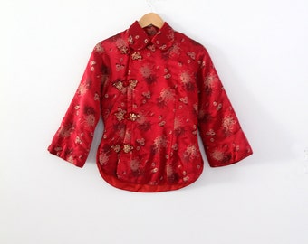 vintage Chinese jacket, red satin brocade shirt coat, cheongsam jacket