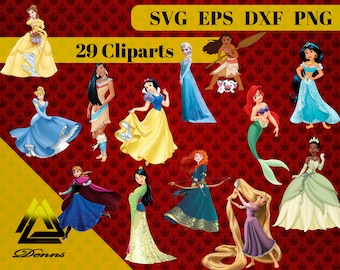Princess Clipart –29 (Svg, Eps, Png, Dxf Files) 300 PPI, Vectorial Images, Pocahontas , Mulan , Cinderela, Belle, Snow White, Ariel , Elsa
