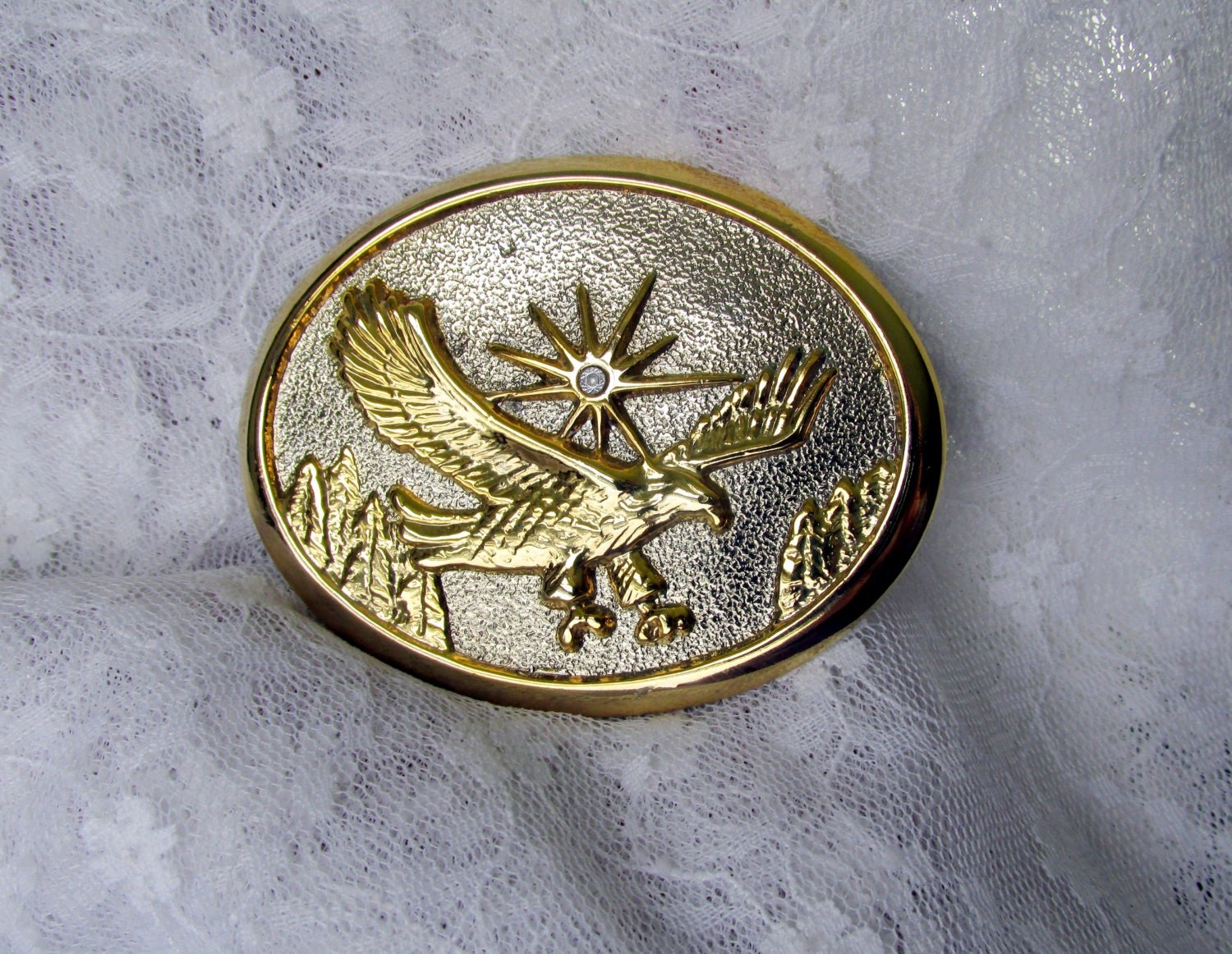 Gold And Silver Eagle Belt Buckle On Textured Silver Tone
