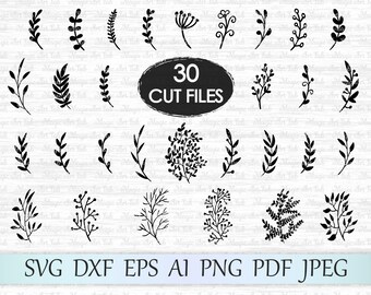 Leaf svg file, Leaves svg file, Branches svg file, Leaves clipart, Leaf cricut, Hand drawn leaves, Leaf silhouette, Foliage cut file, Plant