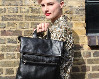 Amelie Black Leather Convertible Backpack to bag and back to Backpack with Zips