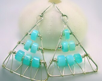 Sterling Silver & Peruvian Blue Opal Earrings, Triangle, Geometric, Art Deco