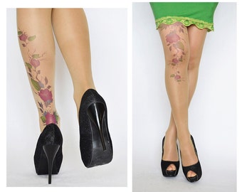 Delicate Tattoo Tights With Purple Flowers / Printed Handmade Tights / Tattoo Women's Pantyhose / tattoo socks