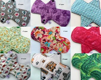 Set of 3 Cloth Menstrual Pad, Build your STASH, light, regular, heavy, cotton top, fleece back, random prints