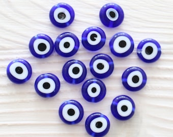 12pc-10mm tiny evil eye beads, flat glass beads, lamp work beads, navy blue, blue evil eye, glass beads, handmade, round glass beads, DIY
