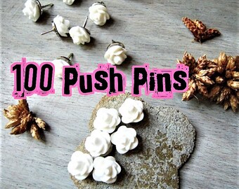 FLOWER PUSH PINS 100 Decorative Thumbtacks Wedding Boards Rose Bud White Pink Pin Thumb Tack Message Boards Office Cubicle Decor Cork Board