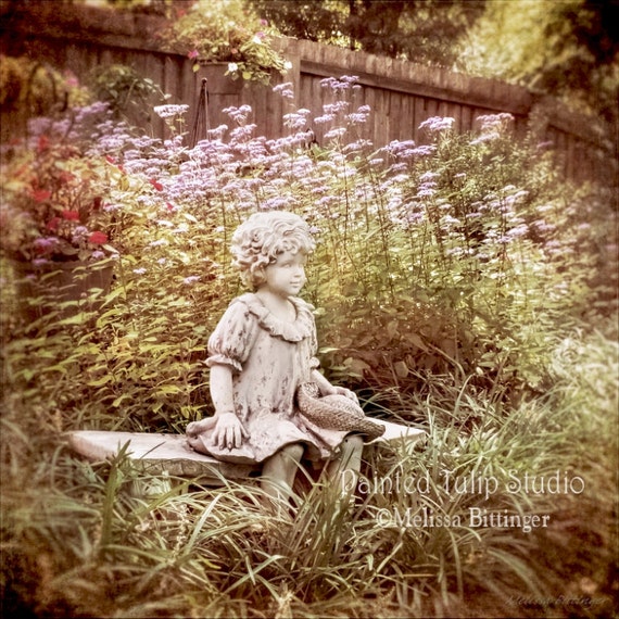 Little Girl on a Bench Garden Statue Still Life Nature