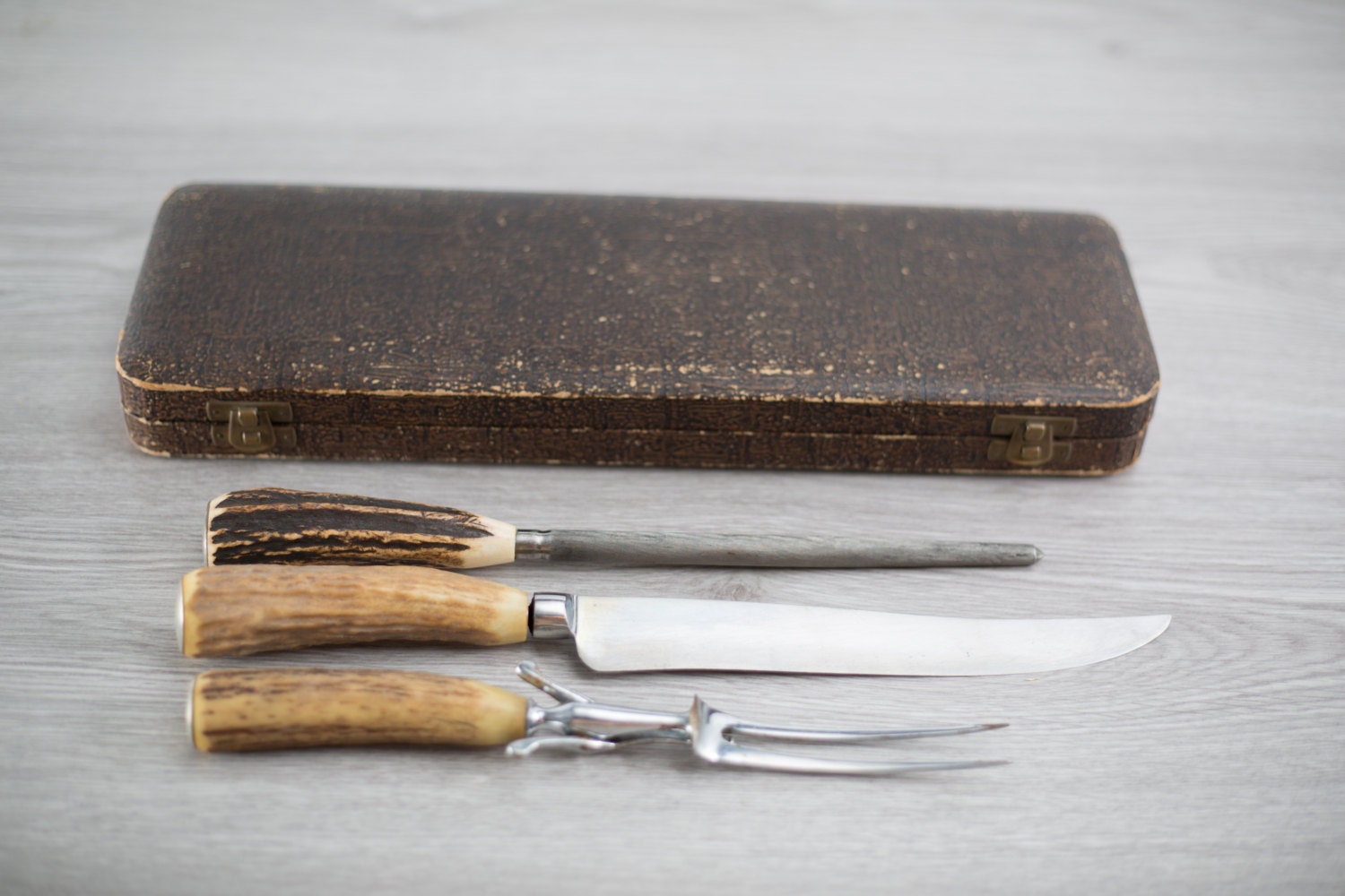 Turkey Carving Set / 3Piece Vintage Wostenholm Knife, Fork, Sharpeper