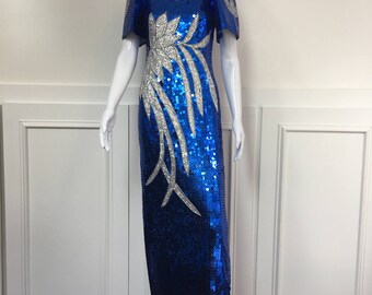 1980s Floor Length Royal Blue and Silver Sequined and Beaded Filipiniana Gown (SKU 10350CL)