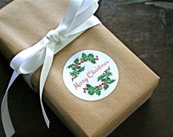 Christmas stickers, set of 20 holiday stickers, labels, Merry Christmas, holly and berries, Kraft brown or Matte White, holiday gift labels