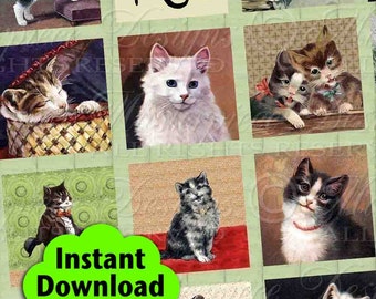 Here Kitty Kitty Printable Squares / Cats / Kittens / Feline / Victorian - DOWNLOAD Printable 1 Inch Squares Digital JPG Collage Sheet