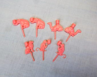 7 vintage Birthday Candle Holders pink Circus zoo animals monkey lion camel elephant retro cake decoration