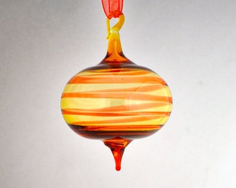 Red & Gold Ornament, Hand Blown Ornament, Round Ornament, Unique Round Ornament, Red Striped Ornament, Small Ornament