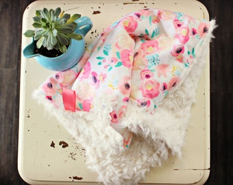 Floral Baby Blanket - Watercolor Baby Blanket - Pink Baby Blanket - Tag Baby Blanket - Baby Gift - Tag Lovey - Baby Girl Lovey - Pink Lovey