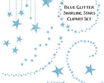 Sparkling Blue Glitter Star Clipart, Swirling Stars Clip Art, Instant Download, Commercial Use Glitter Clipart