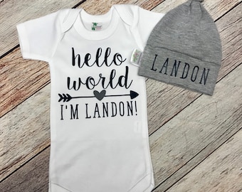 Hello World Newborn Outfit with Hat , Personalized Bodysuit, Baby Shower Gift, Take Home Outfit, Hello World