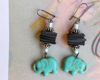 Elephant (handmade earrings from recycled bicycle inner tube and beads)