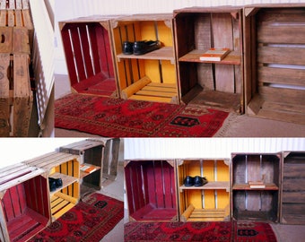 Personalized shoe rack storage using reclaimed apple crates by Timberlust