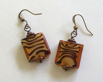 Honey Gold and Topaz Brown Square Glass Earrings by Carol Wilson of Je t'adorn