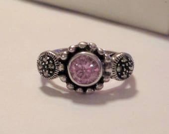 Sterling Silver Marsala Marcasite and Amethyst Ring. Size 7.