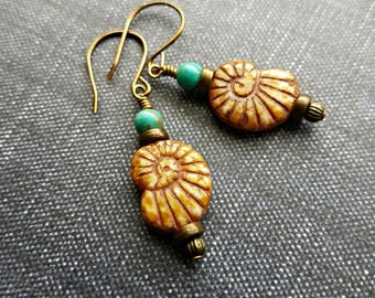Czech glass and turquoise ammonite fossil earrings on brass//ammonite fossil earrings//antique brass earrings//czech glass earrings