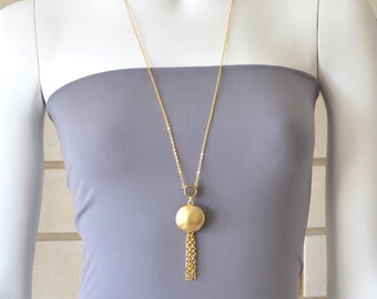 Long Gold Gemstone and Tassel Pendant Necklace, gold necklace, gemstone necklace, gold tassel necklace, delicate necklace, long gold pendant