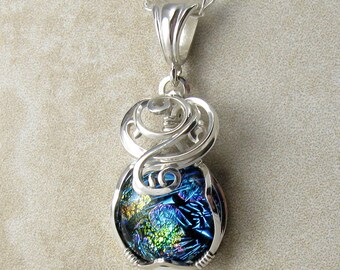 Dichroic Glass Necklace - Dichroic Glass Pendant - Dichroic Glass Jewelry - Wire Wrapped - Glass Jewellery - Sterling Silver