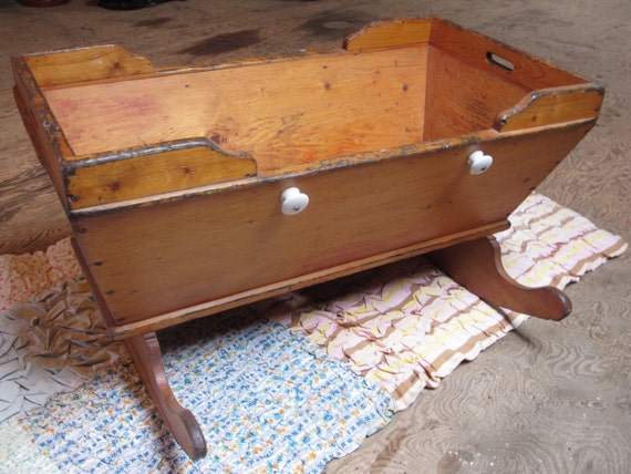 Antique Baby Cradle Primitive Wooden Crib French Country Decor