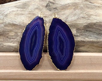 Purple Agate Slice, Purple Agate Slice Pair, Purple Geode Slice Pair, Purple Geode Slice, Purple Agate Slice, Dyed, Gold Plated, PG3810B