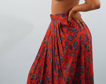 80s Red Floral Pleated Skirt- High Waist Mid Length Skirt