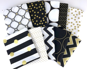 Black white and gold Bundle of 10 Fat Quarters, 100% cotton fabric for Quilting and general sewing projects.