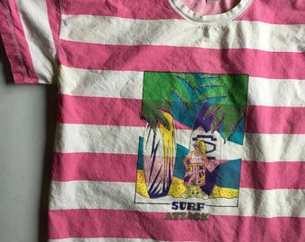 Blue Pacific Shark Attack Pink and White Striped Surf Shirt Size Medium 80's