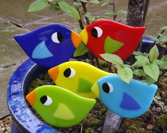 Fun fused glass bird house plant stake garden ornament