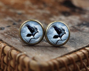 Raven stud earrings, Raven earrings, Crow earrings, Bird Jewelry, Steampunk gothic earrings, Black Bird earrings, post earrings