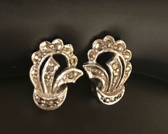 Vintage Clip On Earrings, Marcasite Earrings, Arrow Hallmark, Clip-Ons, Silver Earrings, Vintage Earrings, Art Deco Jewelry,