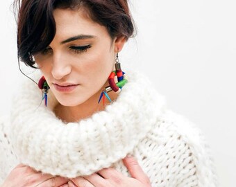 Statement Thread Wrapped Earrings, Rope Earrings, Tribal Earrings, Color Block Earrings, Nautical Spike Earrings