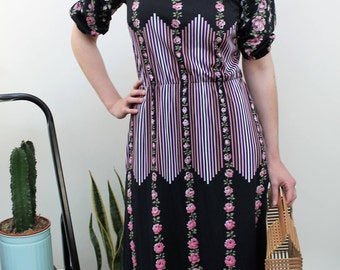 1970s Black Floral Maxi Dress Size UK 10, US 6, EU 38
