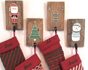 Stocking holder, Christmas decor, reclaimed wood, stocking hooks, rustic Christmas, reindeer stocking, Christmas tree, wall stocking holder
