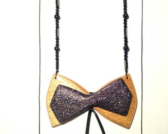 Handmade neckles with wooden bowtie, gold sandstone and hematite