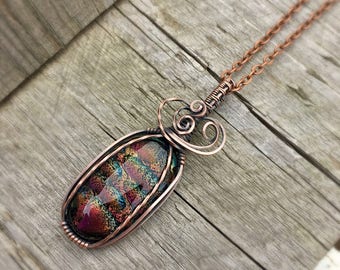 Orange Dichroic Glass Necklace, Wire Wrapped Glass Necklace, Glass Wire Wrap, Copper Wire Wrap, Dichroic Fused Glass, Glass Jewelry