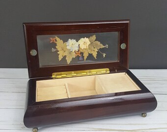 Vintage Musical Jewelry Box with Pressed Flowers in Glass