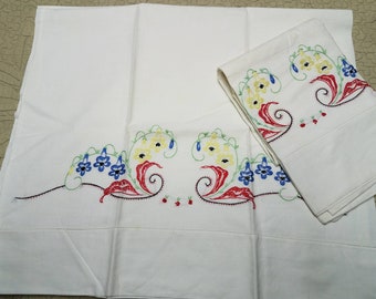 Vintage Red & Blue Floral Embroidered Pillowcase Set