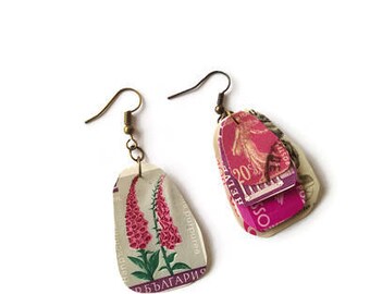 Pink and grey postage stamp earrings, steampunk earrings, dangle earrings, stamp collector, steampunk jewellery, mismatched, upcycled,OOAK