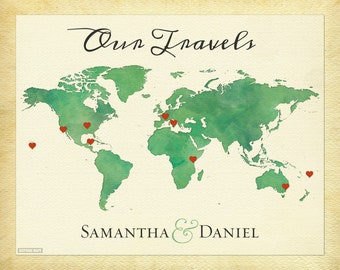World Map of Our Travels, Personalized Couple Gift, Anniversary Gift Idea, Travel Map Print, Wanderlust Print, Love Travels Print, 6a