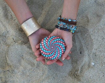 Turquoise Mixed Painted Rock - Mandala Stone - Hand-painted Meditation Mandala Stone - Geometry - Mandala Art - Painted Stone - Paperweight