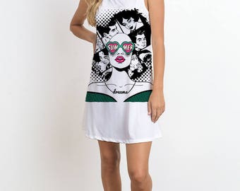 Sleeveless Dress w Pop Art Girl Print