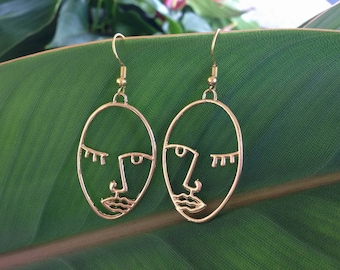 Face Earrings Gold Picasso Face Earrings Statement Earrings with FREE BOX