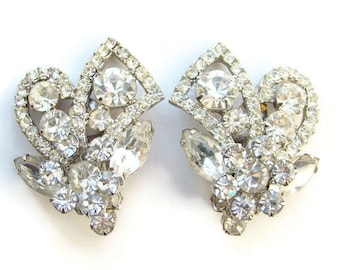 Vintage Juliana Clear Rhinestone Clip Earrings DeLizza Elster Large